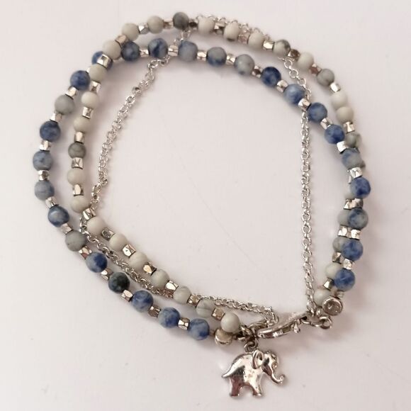 Beaded Elephant Charm Bracelet Multi Strand Blues Silver Tone Dainty Good Luck. - Picture 3 of 16